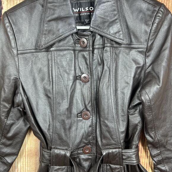Wilsons Leather Womens S Brown Genuine Leather Belted Trench Coat Y2K Mid Length - Picture 3 of 11